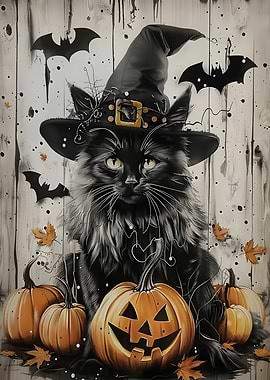 Halloween Cat with Witch Hat and Pumpkins