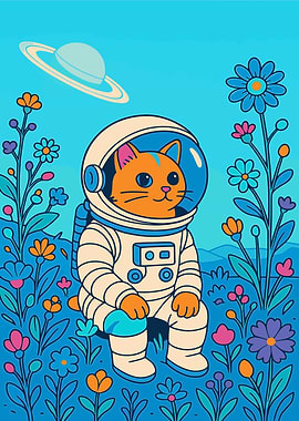 Alien Astronaut Cat in Flower Field