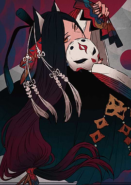 Fox-eared woman holding a mask