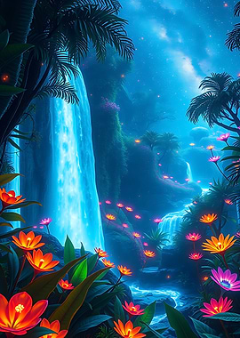 Luminous Waterfall and Flowers Landscape
