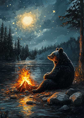 Bear by Campfire Under Starry Night