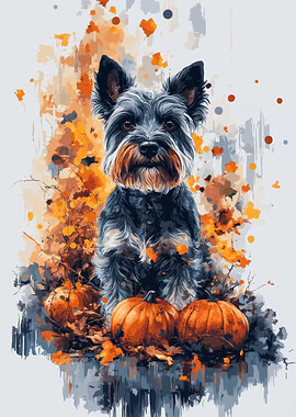 Miniature Schnauzer with Pumpkins Watercolor Art | Autumn Dog Portrait