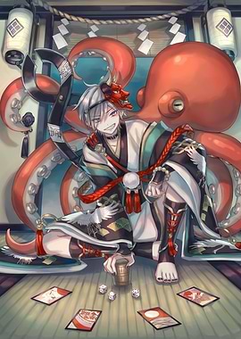 Anime Boy with Octopus and Cards