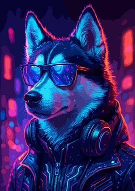 Cyberpunk Husky with Headphones and Glasses