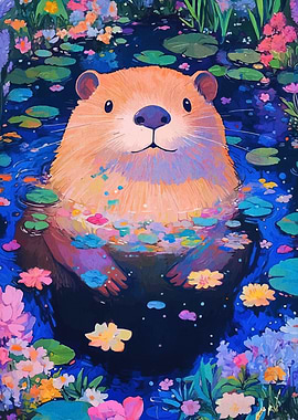 Otter in a pond with flowers