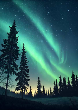 Aurora Borealis over Forest Landscape