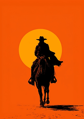 Cowboy Silhouette Riding Horse Sunset