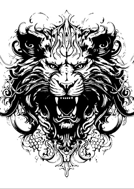 Lion Head Black and White Illustration