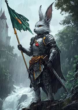Rabbit Knight with Flag in Rain