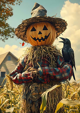 Halloween Scarecrow with Crow in Cornfield