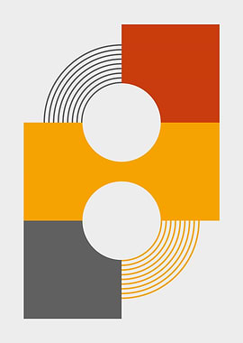 Bauhaus Geometric Design with Red Black Orange Circles and Squares