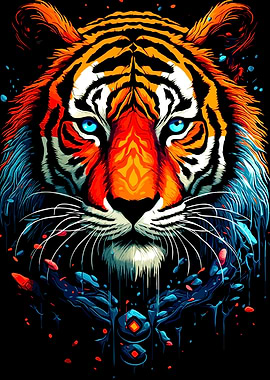 Colorful Tiger Portrait on Black Background