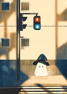 Ghostly Figure at City Street Crossing