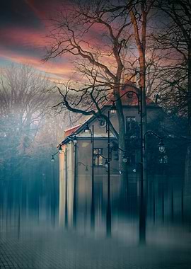 Eerie Building with Bare Trees