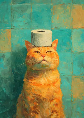 Cat with Toilet Paper Hat Painting