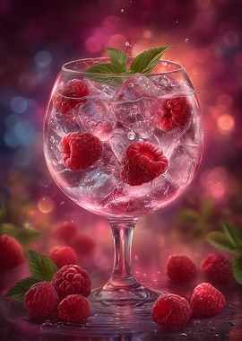 Raspberry Cocktail with Ice and Mint