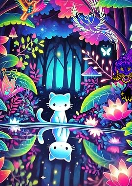 Neon Forest Cat Reflection