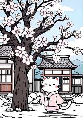 Cat Monk Under Cherry Blossom Tree