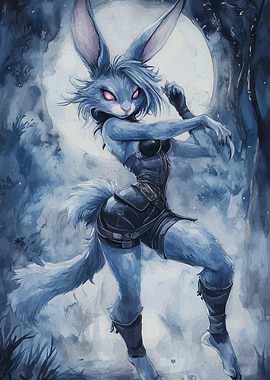 Anthropomorphic Rabbit Warrior in Moonlight