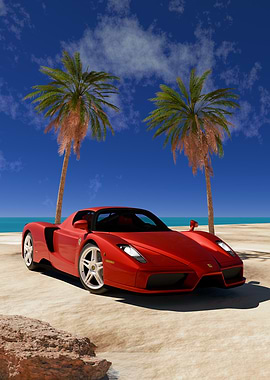 Red Ferrari on a Tropical Beach