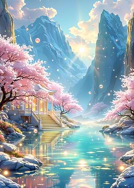 Serene Fantasy Landscape with Cherry Blossoms