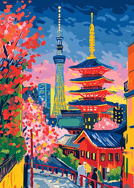 Tokyo cityscape with tower and pagoda