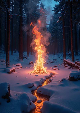 Bonfire in Snowy Forest