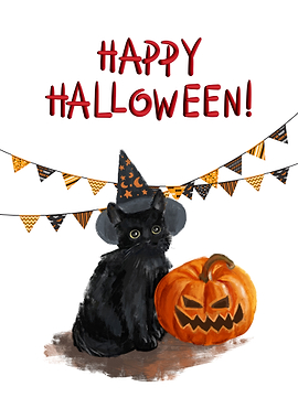 Happy Halloween Black Cat and Pumpkin
