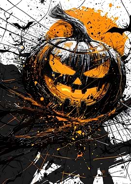 Halloween Pumpkin with Bats and Splatters