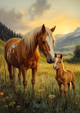 Horse and Foal in Meadow