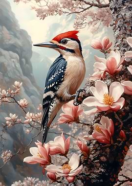 Woodpecker on Flowering Branch Painting