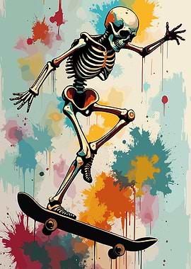 Skeleton Skateboarding with Colorful Splatters