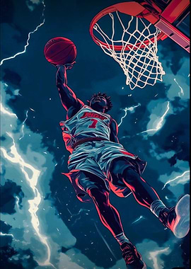 Basketball Player Dunking in Stormy Sky