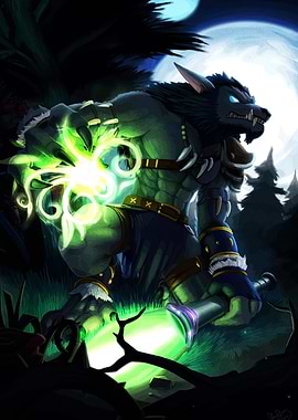 Werewolf casting magic in the forest