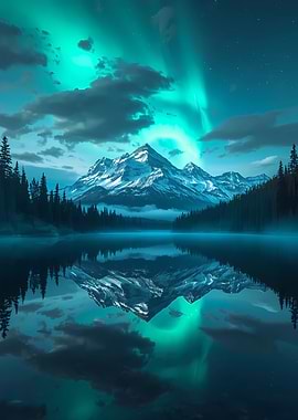 Aurora Borealis over Mountain Lake Reflection