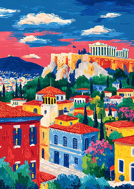 Athens cityscape painting with Acropolis view
