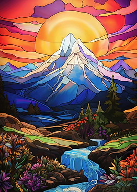 Stained Glass Mountain Landscape
