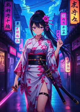 Anime Girl with Katana in Cityscape