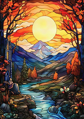 Stained Glass Autumn Landscape with River