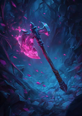 Glowing Pink Axe in Dark Forest