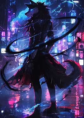 Cyberpunk Furry Character in Rainy City