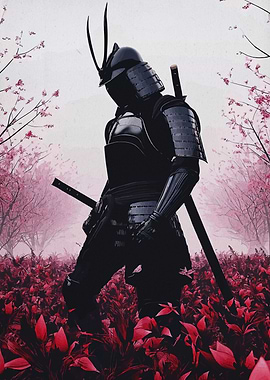Samurai in Cherry Blossom Field