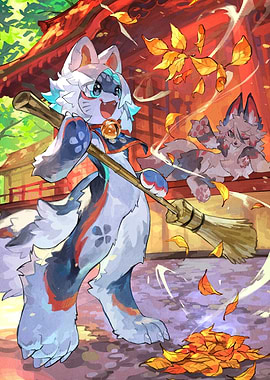 Anthropomorphic Wolf Sweeping Autumn Leaves