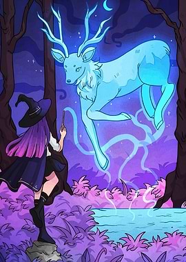 Witch and Spirit Deer in Forest