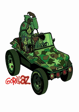 Gorillaz band in a camouflage car