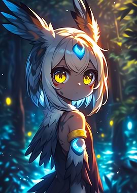 Anime Girl with Owl Features in Forest