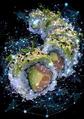 Sushi rolls with digital network overlay