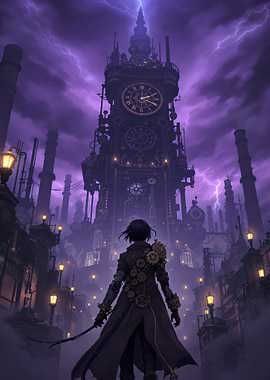Steampunk Cityscape with Clock Tower