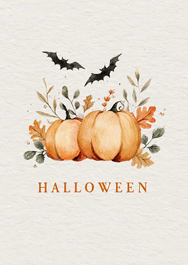 Watercolor Halloween Pumpkins and Bats