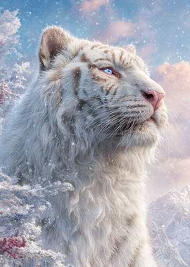 Majestic White Tiger in Winter Landscape